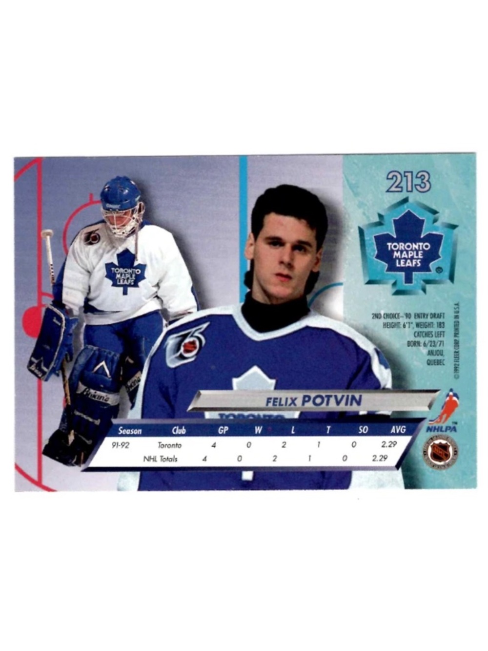 Felix Potvin 1992/93 Fleer Ultra Toronto Maple Leafs Hockey Card - Picture 2 of 2